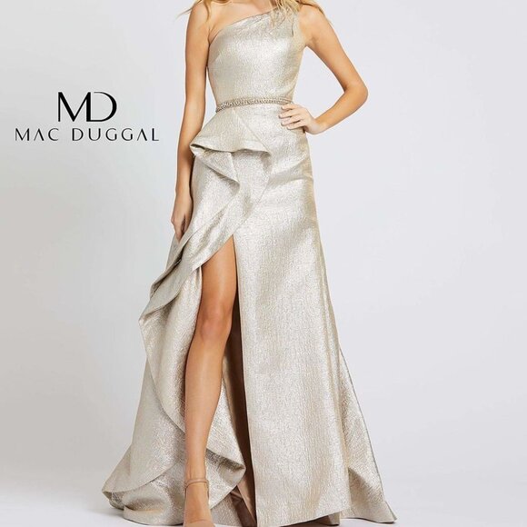 NWT MAC DUGGAL 66975 OYSTER‎ ONE SHOULDER METALLIC RUFFLED GOWN - Picture 1 of 6